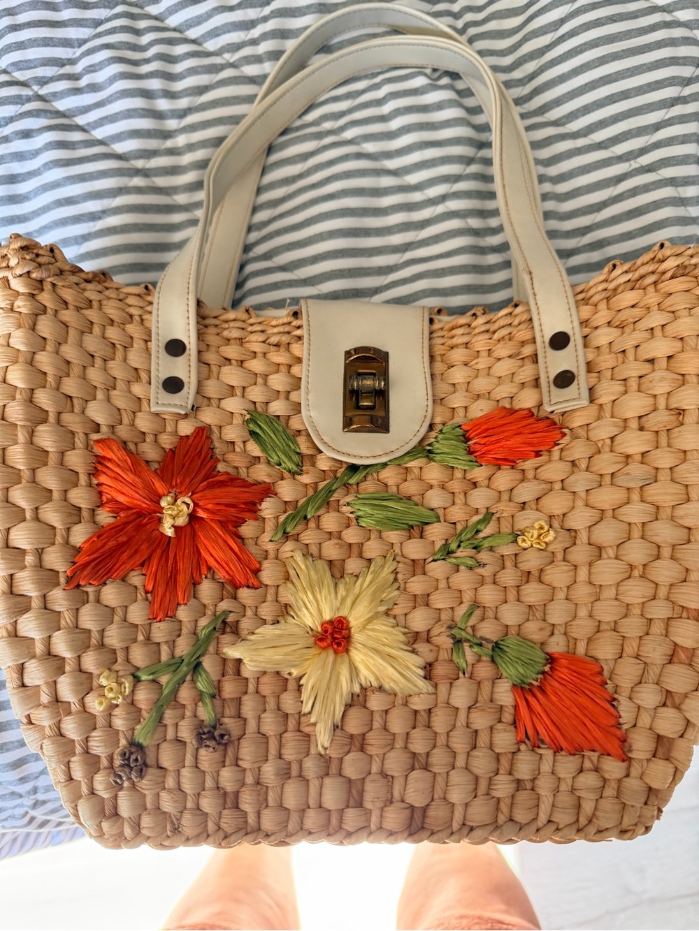 Vintage Embroidered Straw Tote Bag with Orange & Cream Flowers
